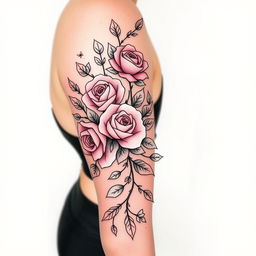 A stylized tattoo design featuring intricate floral elements, including roses and vines intertwined with geometric patterns
