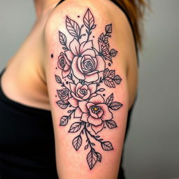 A stylized tattoo design featuring intricate floral elements, including roses and vines intertwined with geometric patterns