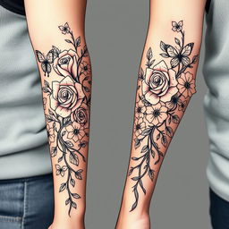 A stylized tattoo design featuring intricate floral elements, including roses and vines intertwined with geometric patterns