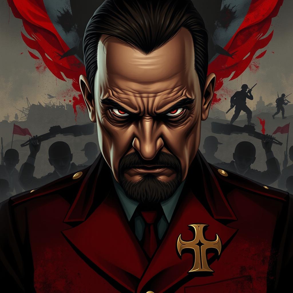 A powerful, dramatic portrait of a fictional political leader resembling a fierce historical figure, depicted with intense eyes and a commanding presence