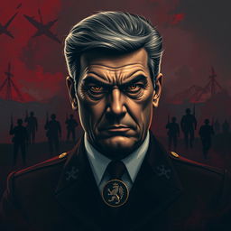 A powerful, dramatic portrait of a fictional political leader resembling a fierce historical figure, depicted with intense eyes and a commanding presence