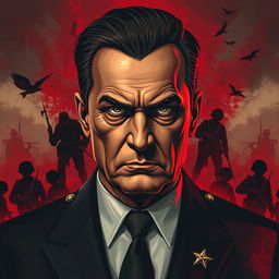A powerful, dramatic portrait of a fictional political leader resembling a fierce historical figure, depicted with intense eyes and a commanding presence