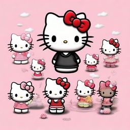 A high-quality digital art piece, designed as a profile photo, showcasing multiple Hello Kitty characters in a realistic style