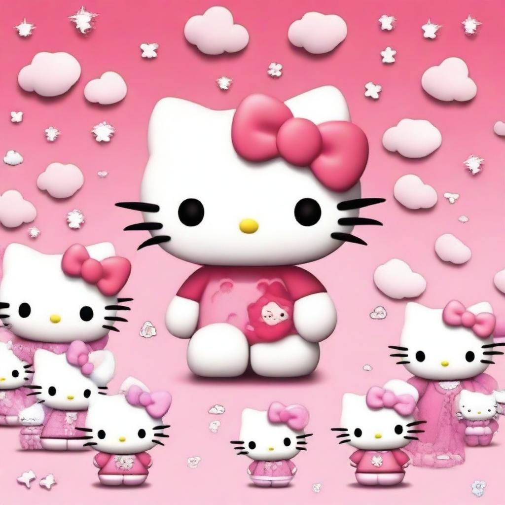 A high-quality digital art piece, designed as a profile photo, showcasing multiple Hello Kitty characters in a realistic style