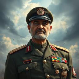 General Qasem Soleimani depicted as the most powerful and prominent military commander, standing confidently in a battlefield setting