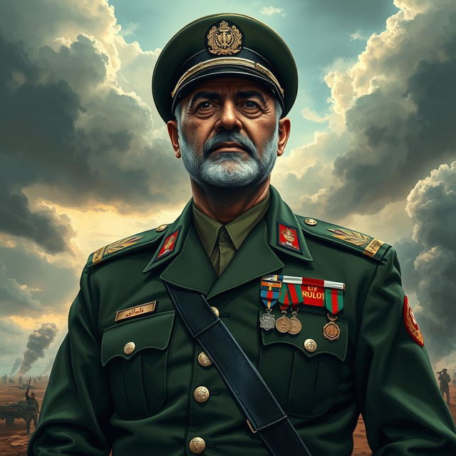 General Qasem Soleimani depicted as the most powerful and prominent military commander, standing confidently in a battlefield setting