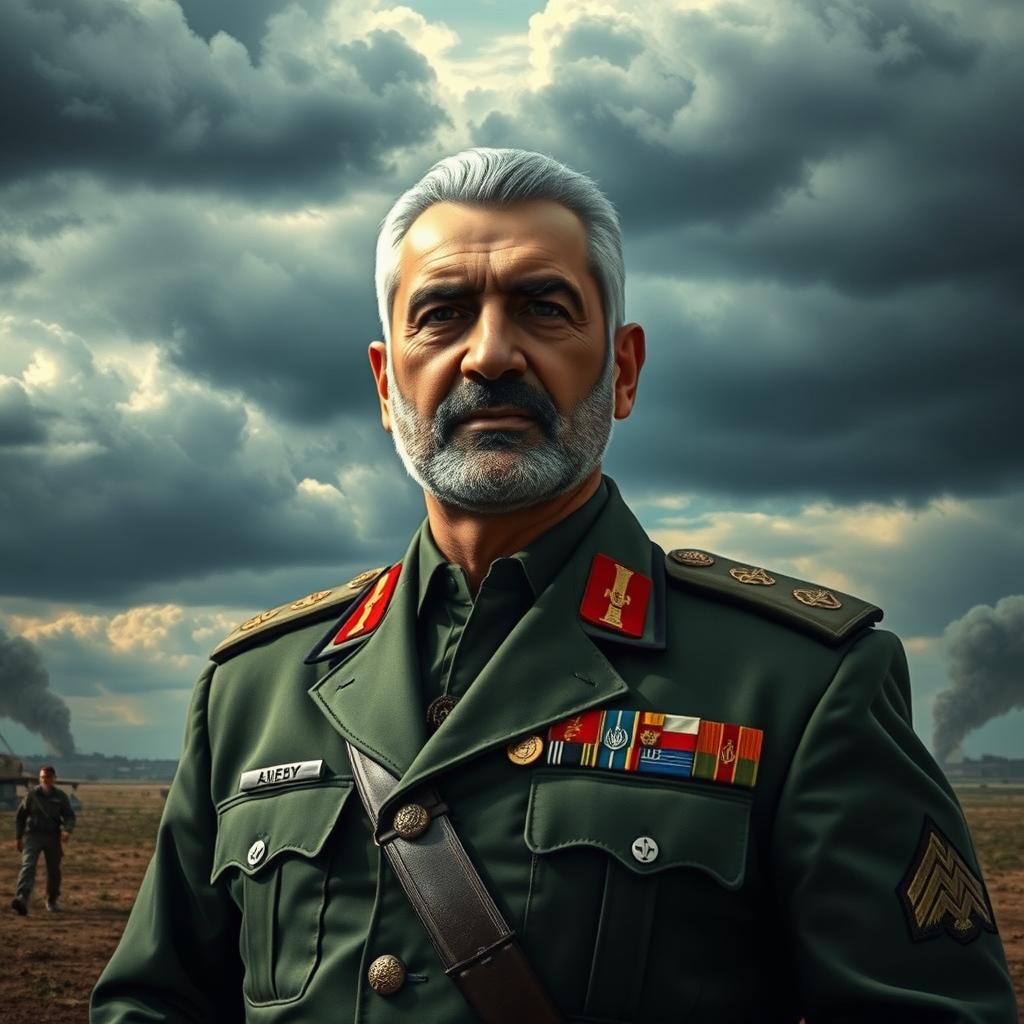 General Qasem Soleimani depicted as the most powerful and prominent military commander, standing confidently in a battlefield setting