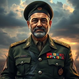 General Qasem Soleimani depicted as the most powerful and prominent military commander, standing confidently in a battlefield setting