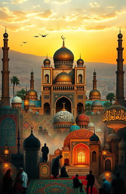 A captivating Islamic collage featuring rich elements of Islamic architecture, including majestic mosques with domes and minarets, intricate tile work, and beautiful calligraphy art