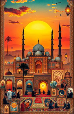 A captivating Islamic collage featuring rich elements of Islamic architecture, including majestic mosques with domes and minarets, intricate tile work, and beautiful calligraphy art