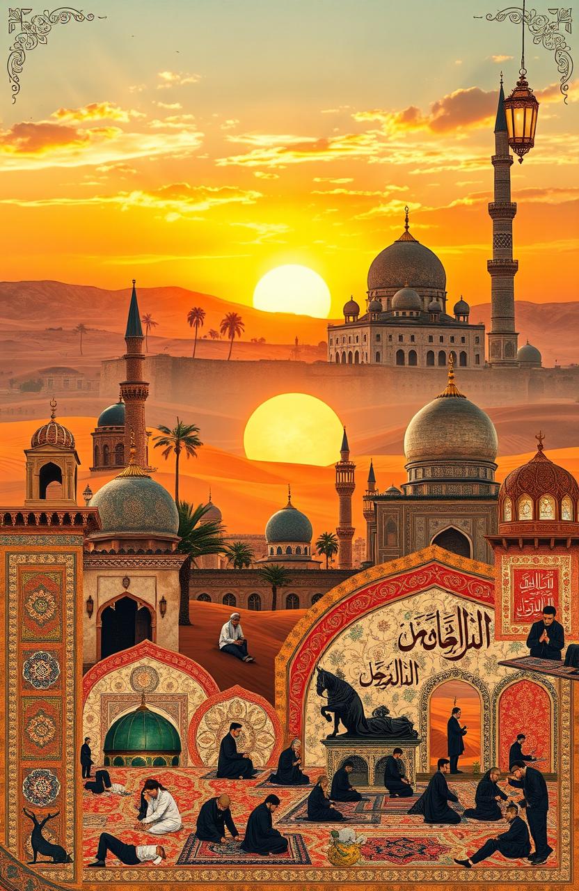 A captivating Islamic collage featuring rich elements of Islamic architecture, including majestic mosques with domes and minarets, intricate tile work, and beautiful calligraphy art