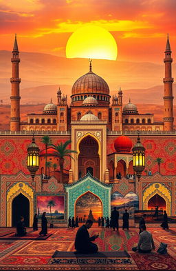 A captivating Islamic collage featuring rich elements of Islamic architecture, including majestic mosques with domes and minarets, intricate tile work, and beautiful calligraphy art
