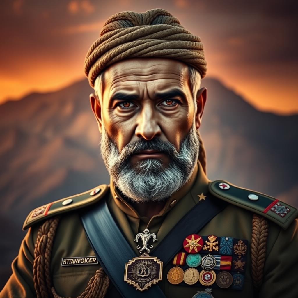 A powerful portrait of a middle-aged Middle Eastern general, symbolizing leadership and strength