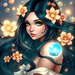 A beautiful and charming young woman with flowing black azule hair that shines with a deep, rich color
