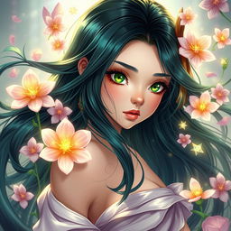 A beautiful and charming young woman with flowing black azule hair that shines with a deep, rich color