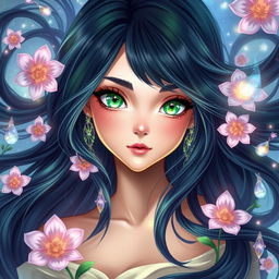 A beautiful and charming young woman with flowing black azule hair that shines with a deep, rich color