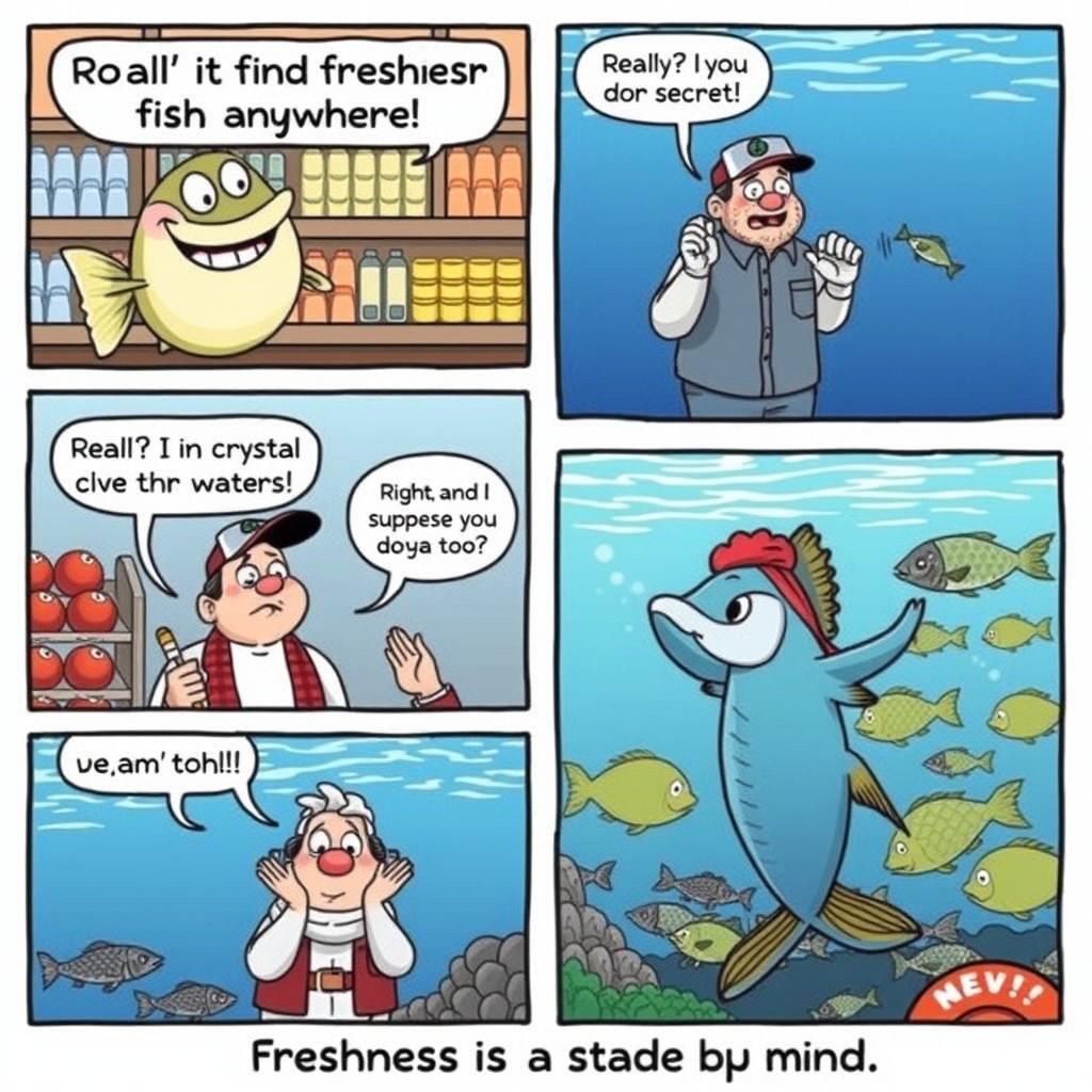 A humorous 5-panel comic strip featuring fish and their freshness