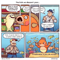 A humorous 5-panel comic strip featuring fish and their freshness