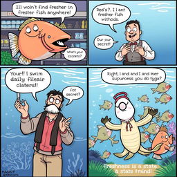 A humorous 5-panel comic strip featuring fish and their freshness