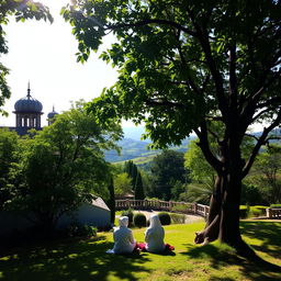 A serene and tranquil view of a traditional pesantren (Islamic boarding school) surrounded by lush greenery