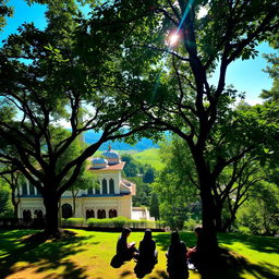 A serene and tranquil view of a traditional pesantren (Islamic boarding school) surrounded by lush greenery