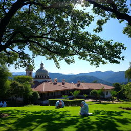 A serene and tranquil view of a traditional pesantren (Islamic boarding school) surrounded by lush greenery