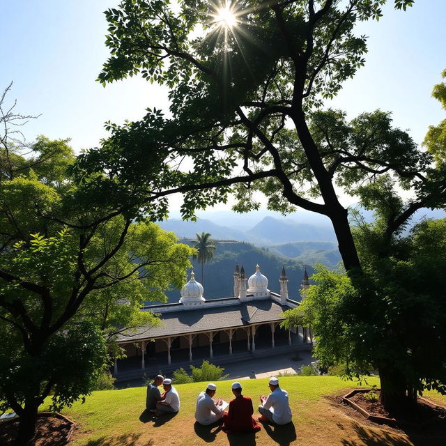 A serene and tranquil view of a traditional pesantren (Islamic boarding school) surrounded by lush greenery
