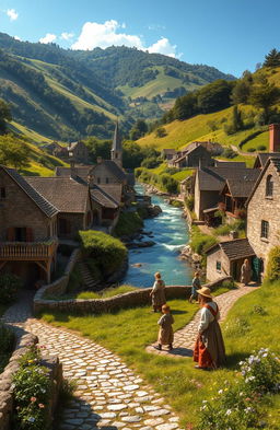 A beautiful landscape of a serene ancient village nestled in lush green hills, with stone cottages and blooming flower gardens