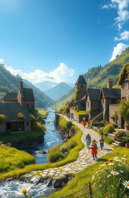 A beautiful landscape of a serene ancient village nestled in lush green hills, with stone cottages and blooming flower gardens