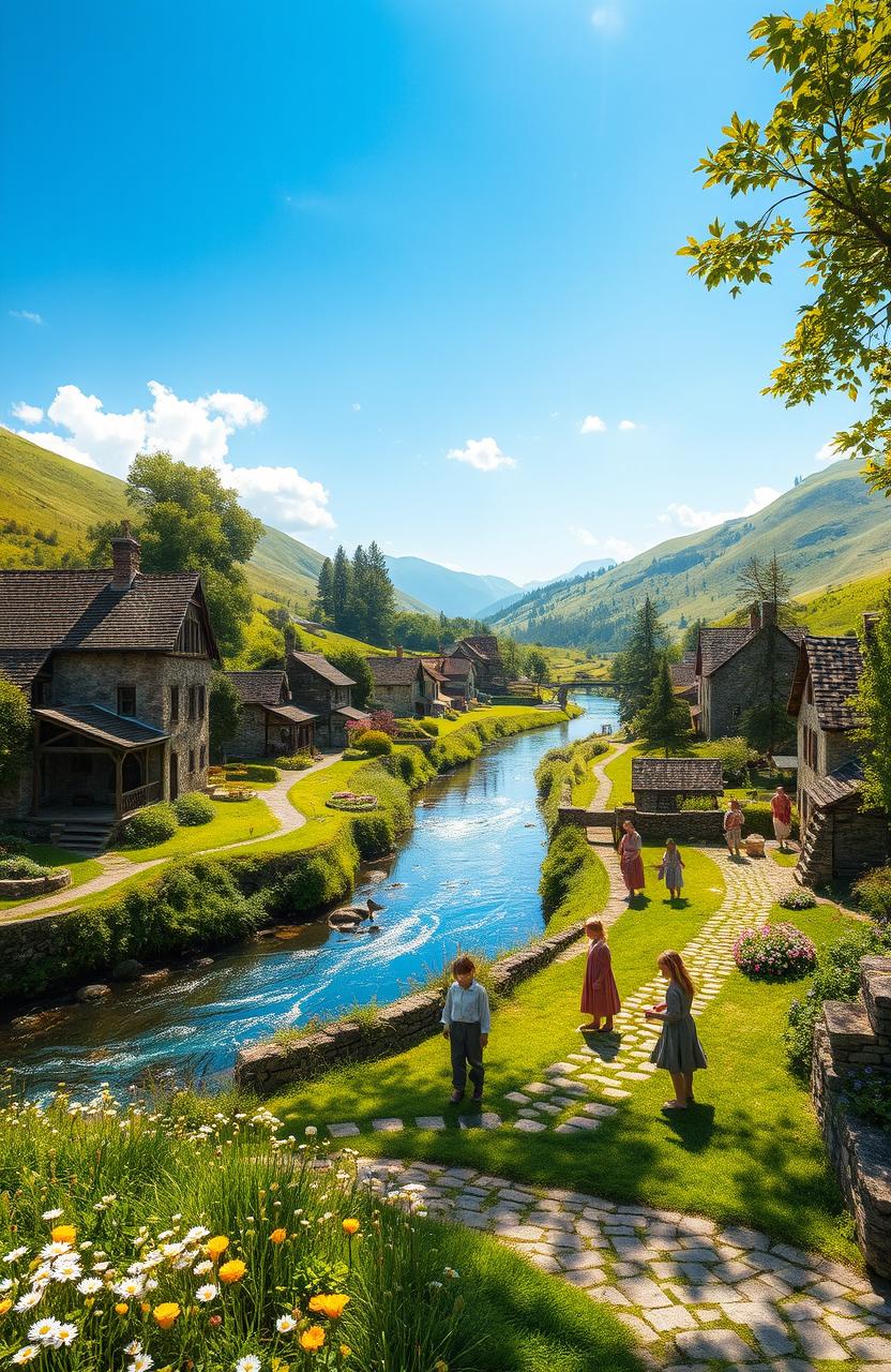 A beautiful landscape of a serene ancient village nestled in lush green hills, with stone cottages and blooming flower gardens