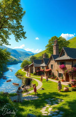 A beautiful landscape of a serene ancient village nestled in lush green hills, with stone cottages and blooming flower gardens