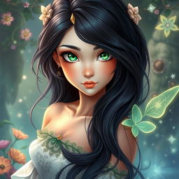 A beautiful and charming young woman with luxurious black azule hair that flows elegantly around her shoulders