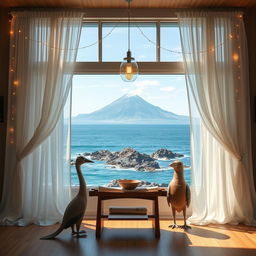 A serene interior view of a room featuring a large window adorned with a flowing white curtain that offers a stunning vista of the ocean