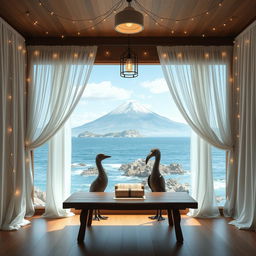A serene interior view of a room featuring a large window adorned with a flowing white curtain that offers a stunning vista of the ocean