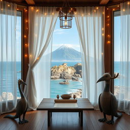 A serene interior view of a room featuring a large window adorned with a flowing white curtain that offers a stunning vista of the ocean