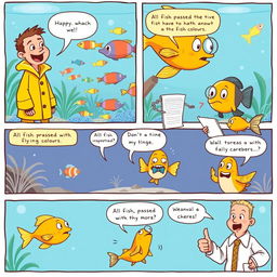 A light-hearted 5-panel comic strip featuring a whimsical fish inspection scene