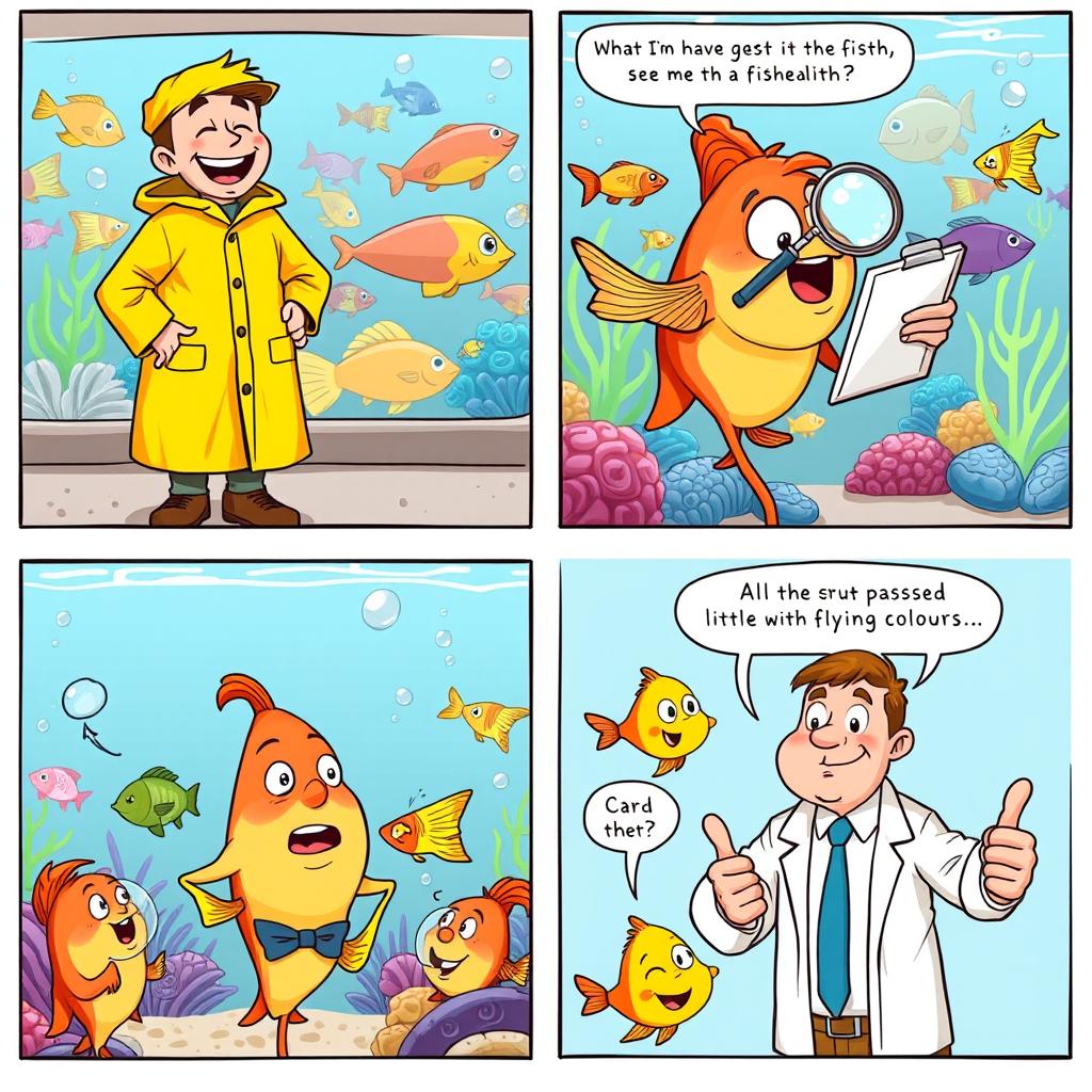 A light-hearted 5-panel comic strip featuring a whimsical fish inspection scene