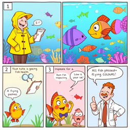 A light-hearted 5-panel comic strip featuring a whimsical fish inspection scene