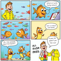 A light-hearted 5-panel comic strip featuring a whimsical fish inspection scene