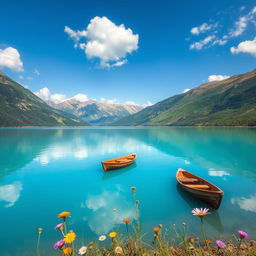A serene landscape showcasing a tranquil lake surrounded by lush green mountains under a bright blue sky with a few fluffy white clouds