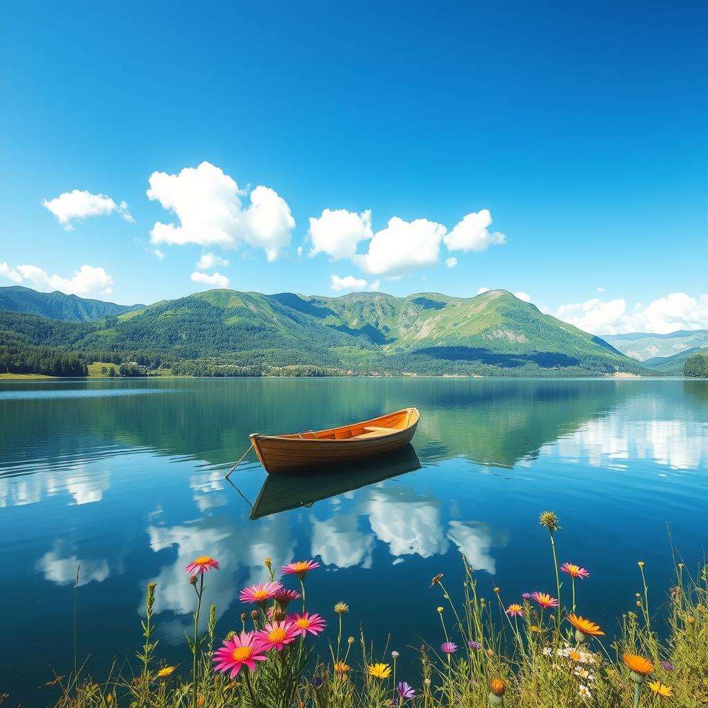 A serene landscape showcasing a tranquil lake surrounded by lush green mountains under a bright blue sky with a few fluffy white clouds