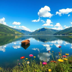 A serene landscape showcasing a tranquil lake surrounded by lush green mountains under a bright blue sky with a few fluffy white clouds