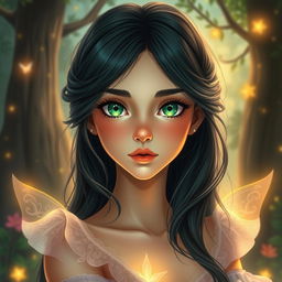 A beautiful and charming young woman with luxurious black azule hair that elegantly frames her face and flows down her back