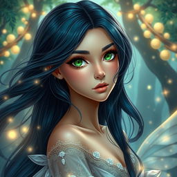 A beautiful and charming young woman with luxurious black azule hair that elegantly frames her face and flows down her back