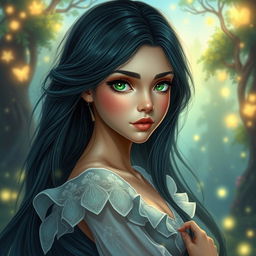 A beautiful and charming young woman with luxurious black azule hair that elegantly frames her face and flows down her back