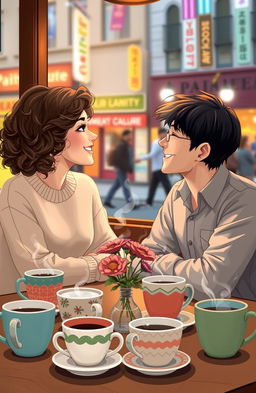 A charming and whimsical scene depicting a couple in love sitting at a cozy café, surrounded by mismatched coffee cups on the table