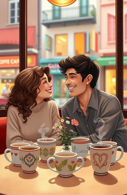 A charming and whimsical scene depicting a couple in love sitting at a cozy café, surrounded by mismatched coffee cups on the table