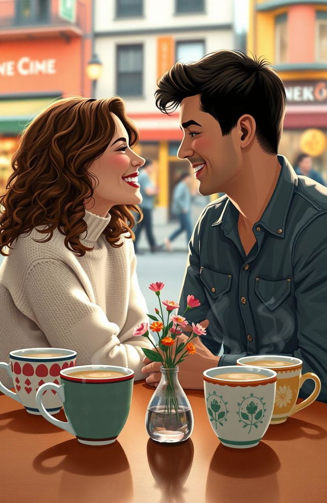 A charming and whimsical scene depicting a couple in love sitting at a cozy café, surrounded by mismatched coffee cups on the table
