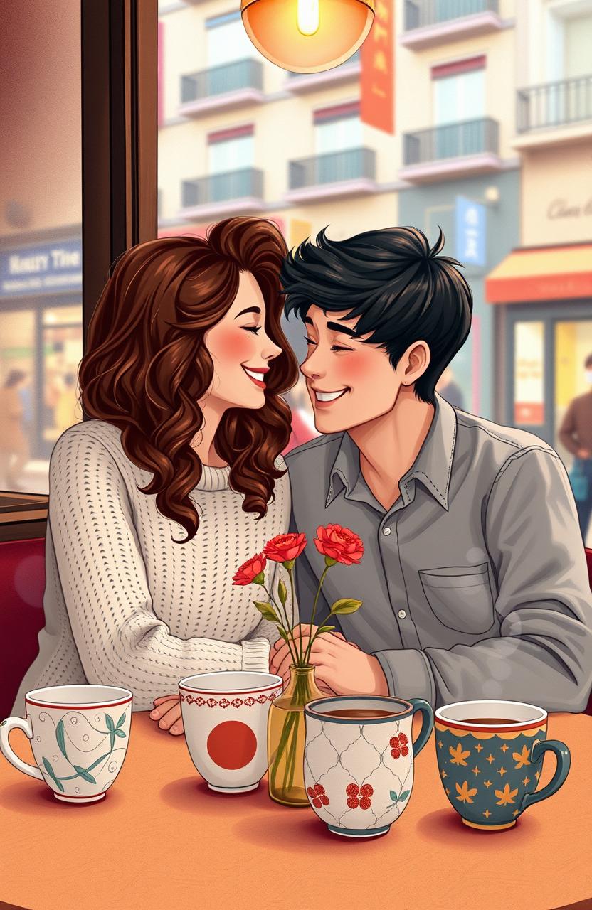 A charming and whimsical scene depicting a couple in love sitting at a cozy café, surrounded by mismatched coffee cups on the table