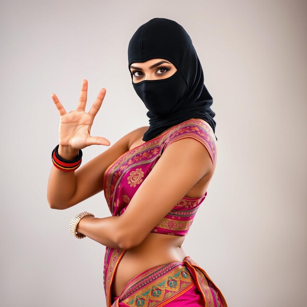 A hot sexy Indian woman is depicted wearing a traditional saree that elegantly hugs her curves, vibrant with intricate patterns and colors